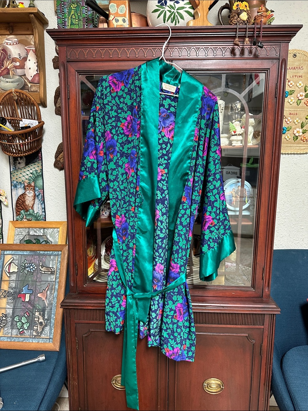 Victoria's Secret Teal Satin Trim Floral Kimono Robe - Green, Purple